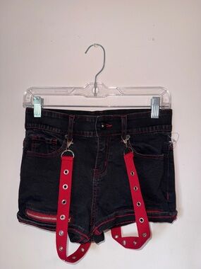 Hot Topic Black Denim Shorts with Red Strap Detail